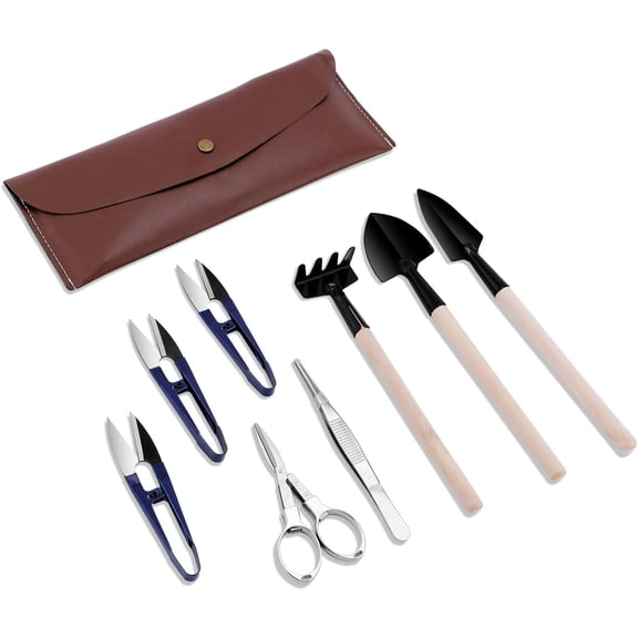 Bonsai Set 8 Pcs - Include Pruner, Fold Scissors, Mini Rake, Bud & Leaf Trimmer Set by