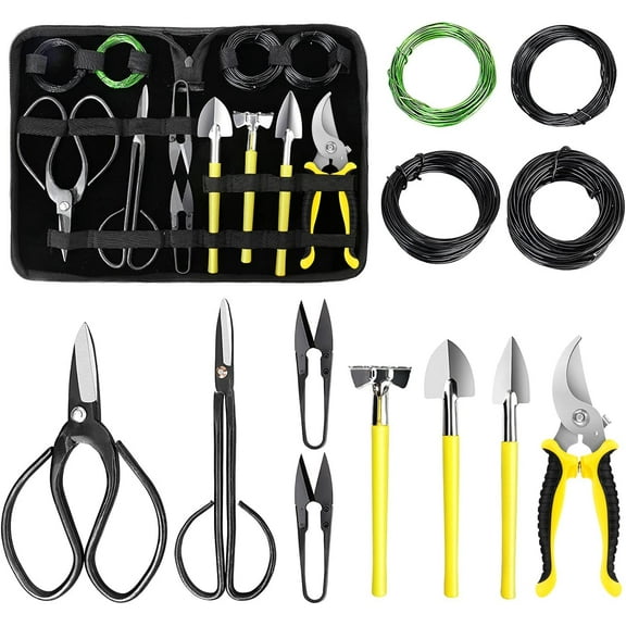 Bonsai Tools Set 13 Pcs High Carbon Steel Succulent Gardening Trimming Tools Set Include Pruning Shears, Scissors, Mini Rake, Round and Pointed Shovel &Training Wire in PU Leather Bag
