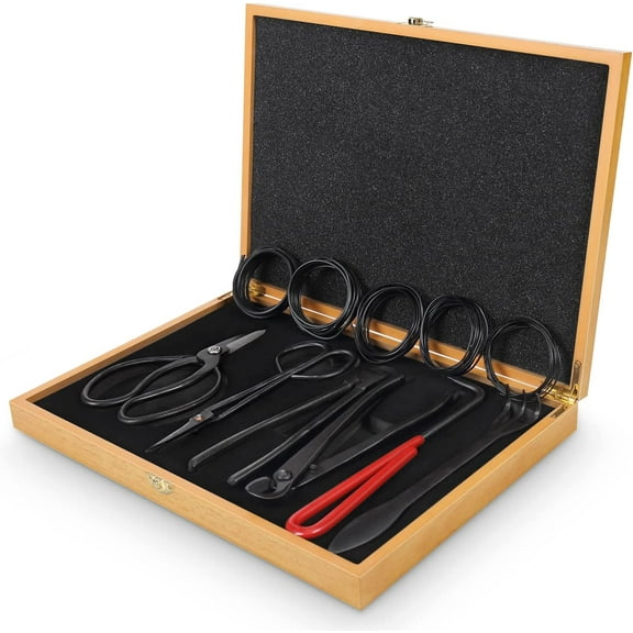 Bonsai Tools Set with Wood Box 12PCS Heavy Duty Bonsai Tree Kit, Trimming Scissor Shears, Concave Cutter, Wire Rolls, Wire Cutter and More, Gardening Pruning & Care Kit