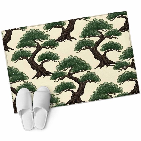 Bonsai Tree Bathroom Rug Washable 2x3 Entryway Rug Non Slip Botanical Pine Evergreen Japanese Zen Cream Front Door Mat Low Pile Indoor Doormat Throw Floor Carpet for Kitchen Bedroom Entrance