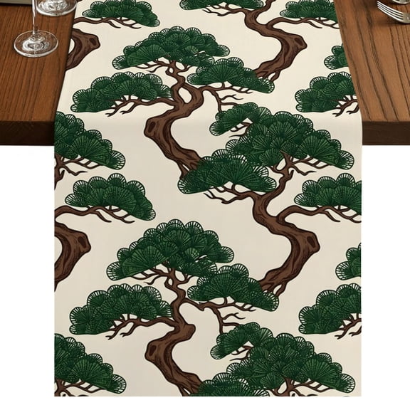 Bonsai Tree Burlap Cotton Table Runner 13x36 Inches Short, Botanical Pine Japanese Zen Evergreen Eastern Farmhouse Table Runners, Outdoor Dining Table Decor for Baby Shower/Party/Wedding