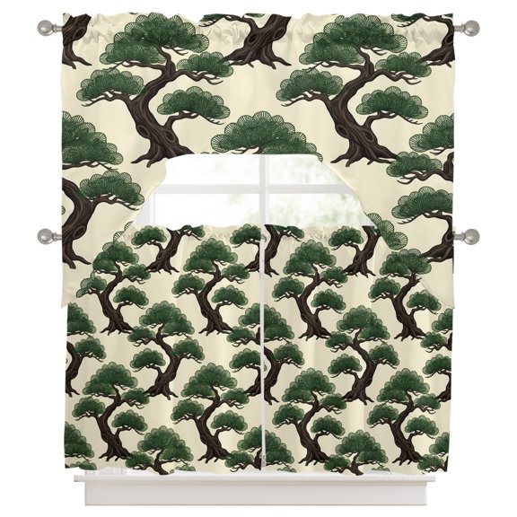 Bonsai Tree Kitchen Curtains Swag Valance and Tier Curtains Set 36 Inch Length, Botanical Pine Evergreen Japanese Zen Cream Rod Pocket Drape Panels Pair Swag Curtains for Bathroom/Cafe/Window