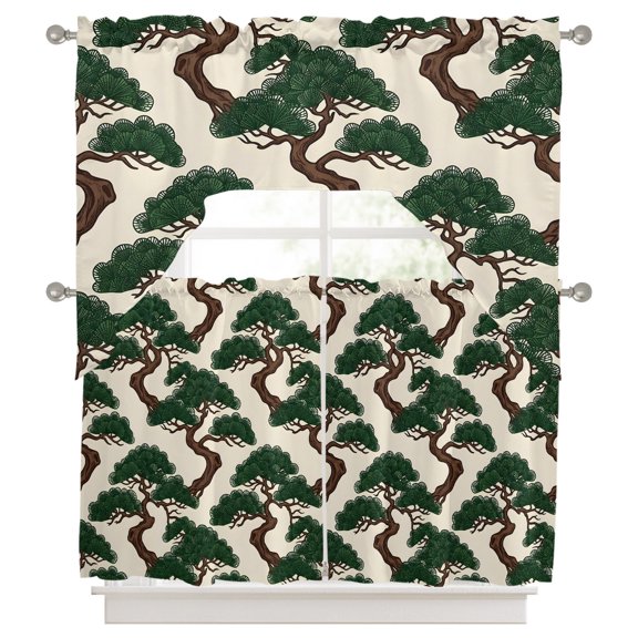 Bonsai Tree Kitchen Curtains Swag Valance and Tier Curtains Set 36 Inch Length, Botanical Pine Japanese Zen Evergreen Eastern Rod Pocket Drape Panels Pair Swag Curtains for Bathroom/Cafe/Window