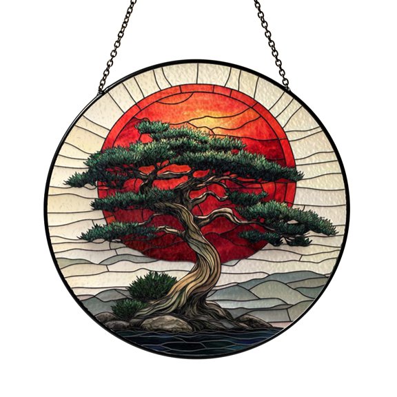 Bonsai Tree Mountain Scene Stained Glass Style Suncatcher Window Hanging Decor, Red Sun Landscape Window Ornament, Decorative Glass Art Panel, Nature Inspired Window Accent