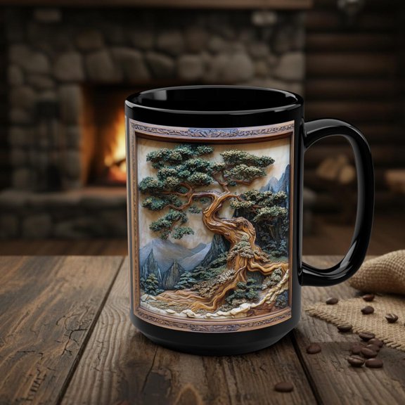 Bonsai Tree Mug, Rustic Wood Effect Ceramic Bonsai Coffee Cup, Botanical Nature Lover Tea Mug, Japanese Zen Garden Decor Gift, 15oz Mug