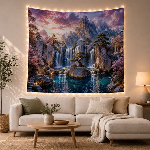 Bonsai Tree on Rocky Island in Teal Water with Waterfalls and Stone Steps, Dreamy Fantasy for Nature Lovers, Serene Wall Art, Housewarming Gift Tapestry Wall Hanging for Bedroom and Living Room