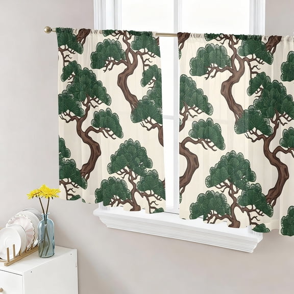 Bonsai Tree Sheer Curtains 45 Inch Length 2 Panels Set, Botanical Pine Japanese Zen Evergreen Eastern Voile Window Treatment Rod Pocket Small Kitchen Curtains Drapes for Bedroom 52"x45"x2