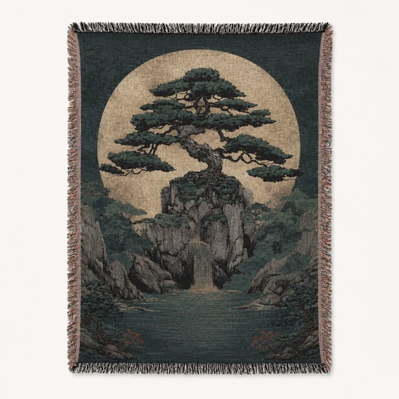 Bonsai Tree Woven Cotton Blanket with Fringe, Moonlit Mountain Landscape Throw