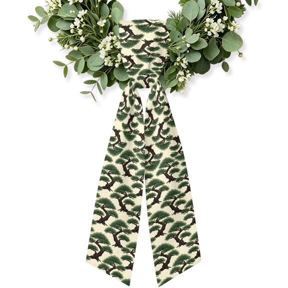 Bonsai Tree Wreath Sash for Front Door, Botanical Pine Evergreen Japanese Zen Cream Wreath Bow Accent for Fall Christmas Holiday Door Decor, Ribbon Sash for Wreaths, Porch Home Decoration