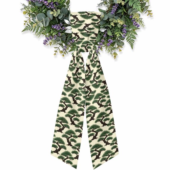 Bonsai Tree Wreath Sash for Front Door, Botanical Pine Evergreen Japanese Zen Cream Wreath Bow Holiday Garland Ribbon Wreath Accessories for Home Yard Porch Doorway Fall Christmas Decorations Gifts