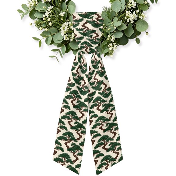 Bonsai Tree Wreath Sash for Front Door, Botanical Pine Japanese Zen Evergreen Eastern Wreath Bow Accent for Fall Christmas Holiday Door Decor, Ribbon Sash for Wreaths, Porch Home Decoration