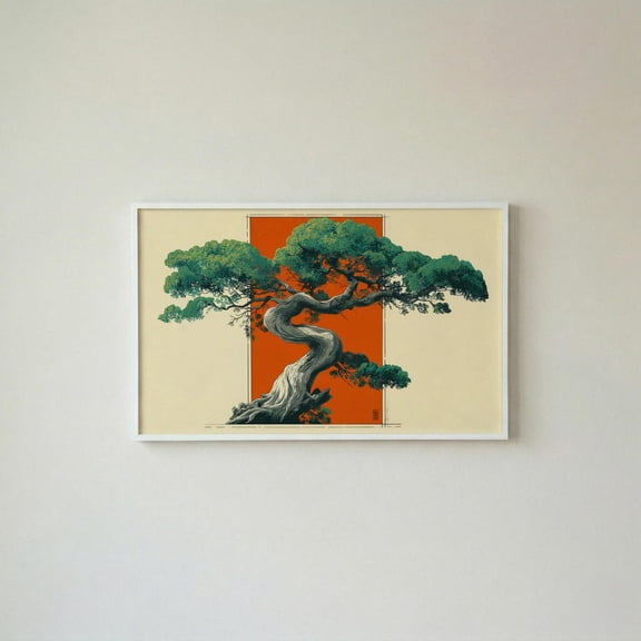 Bonsai Wall Art Japanese Zen Tree Red Sun Home Decor