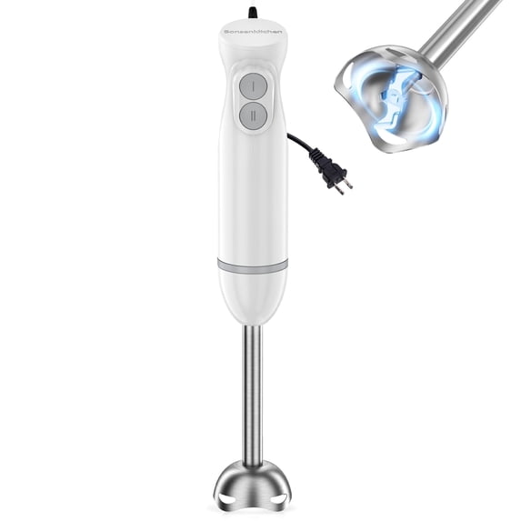 Bonsenkitchen 300W 2-Speed Immersion Hand Blender with Stainless Steel Blades for Soup, Smoothies, Purees and Baby Food, White