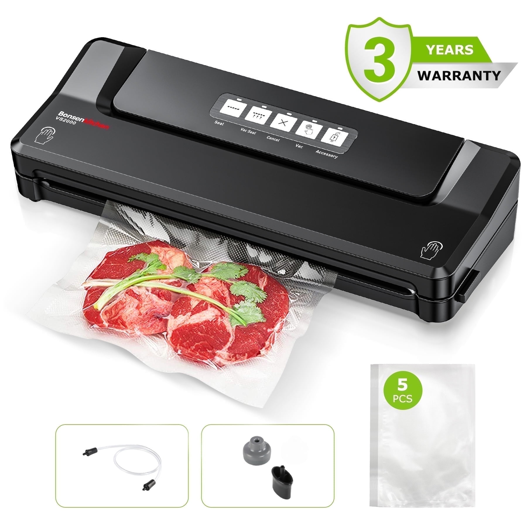 Bonsenkitchen Food Vacuum Sealer Machines, Food Saver Vacuum Packing Machines with 5 bags, Black