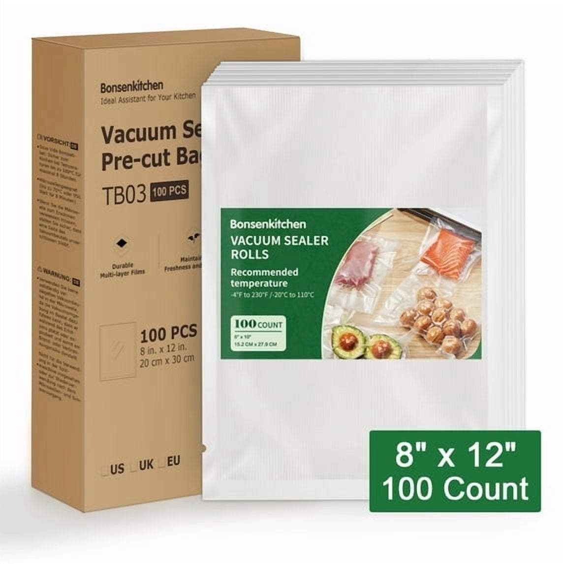 Bonsenkitchen Precut Food Vacuum Seal Bags 100 Quart 8" x 12"