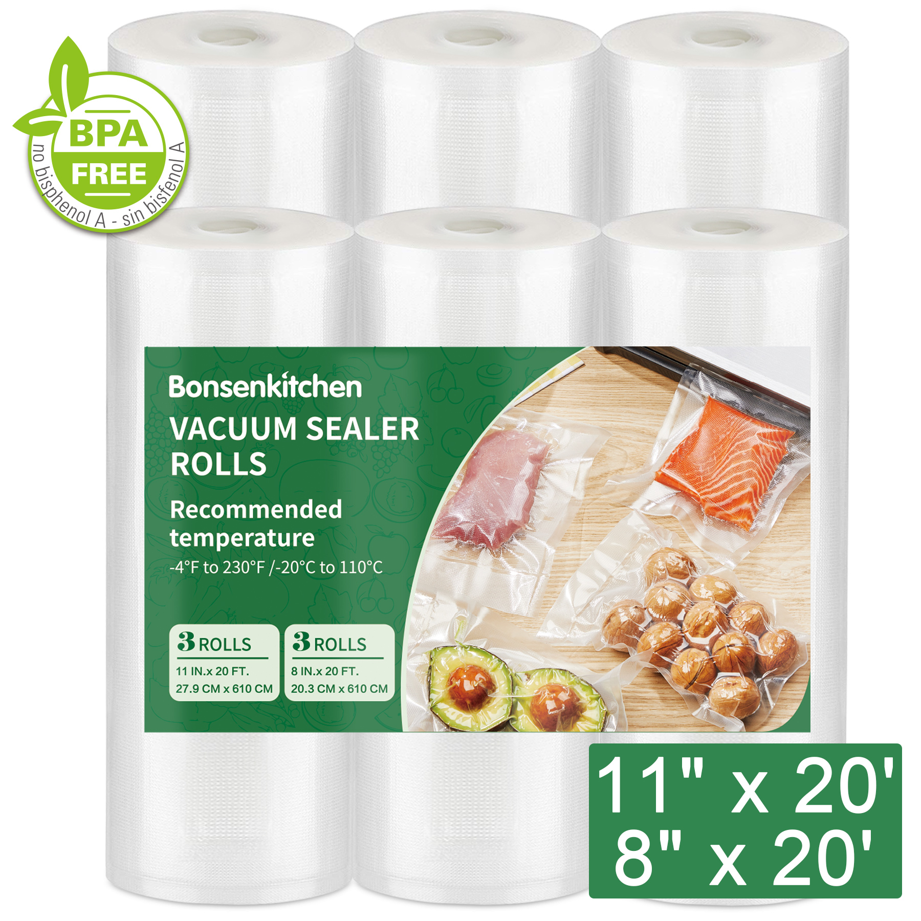 Bonsenkitchen Vacuum Sealer Bags for Food 6 Rolls (11" x 20' x 3 & 8" x