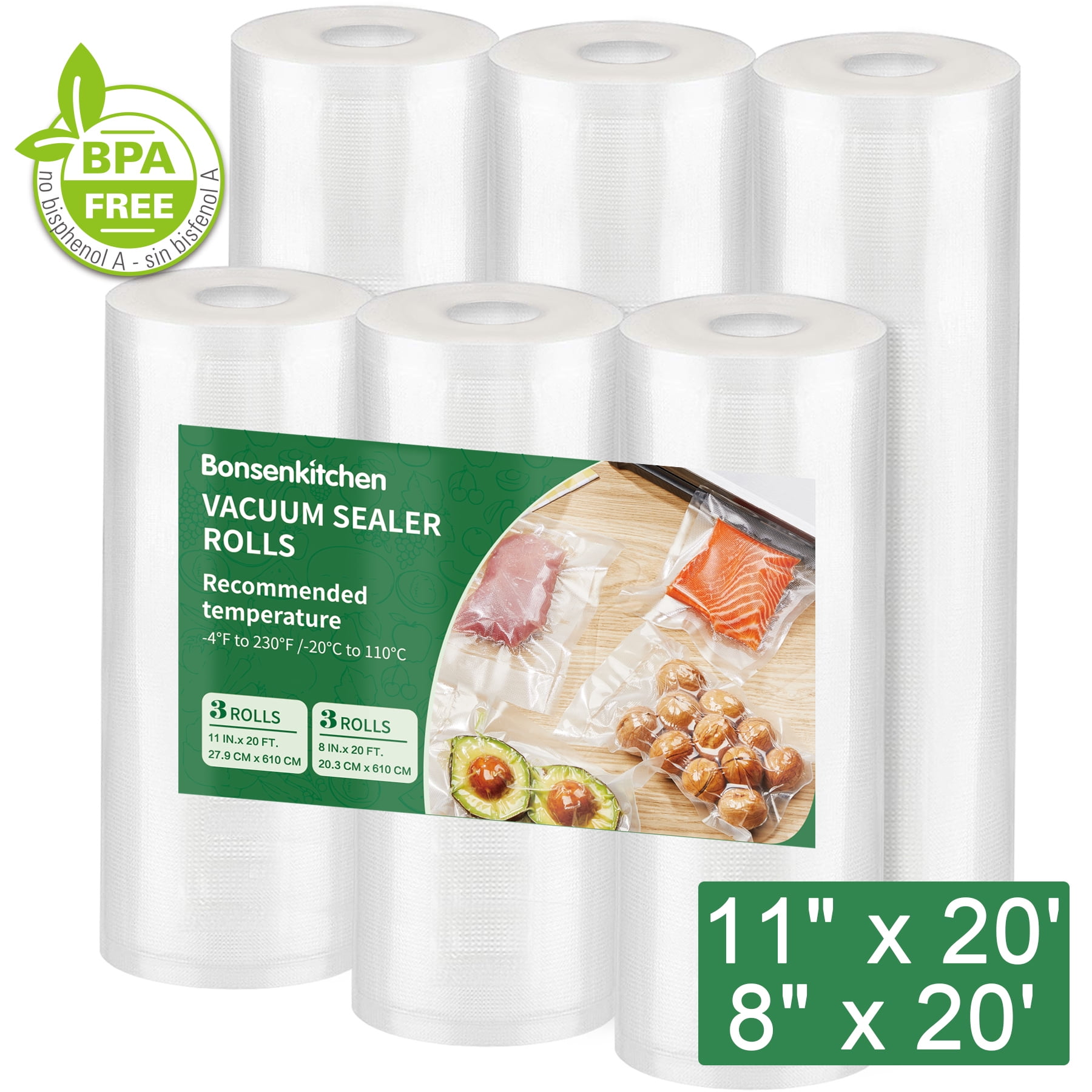 Bonsenkitchen Vaccum Sealer Bags, Vacuum Rolls, (8 x 11) * 2 Rolls