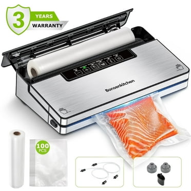Bonsenkitchen Vacuum Sealer, Stainless Steel Food Sealer with Built-in Cutter and Bag Storage, include  1 Roll Bag & 100 Vacuum Bags