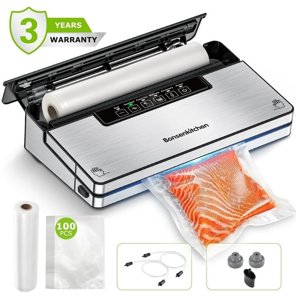 Bonsenkitchen Vacuum Sealer, Stainless Steel Food Sealer with Built-in Cutter and Bag Storage, include 1 Roll Bag & 99 Vacuum Bags