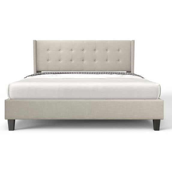 Bonsoir FULL Size Bed Frame Upholstered Traditional Low Profile Platform With Tufted Wing Back Headboard/No Box Spring Needed/No Bed Skirt Needed/Linen Fabric Upholstery/Color of Sand