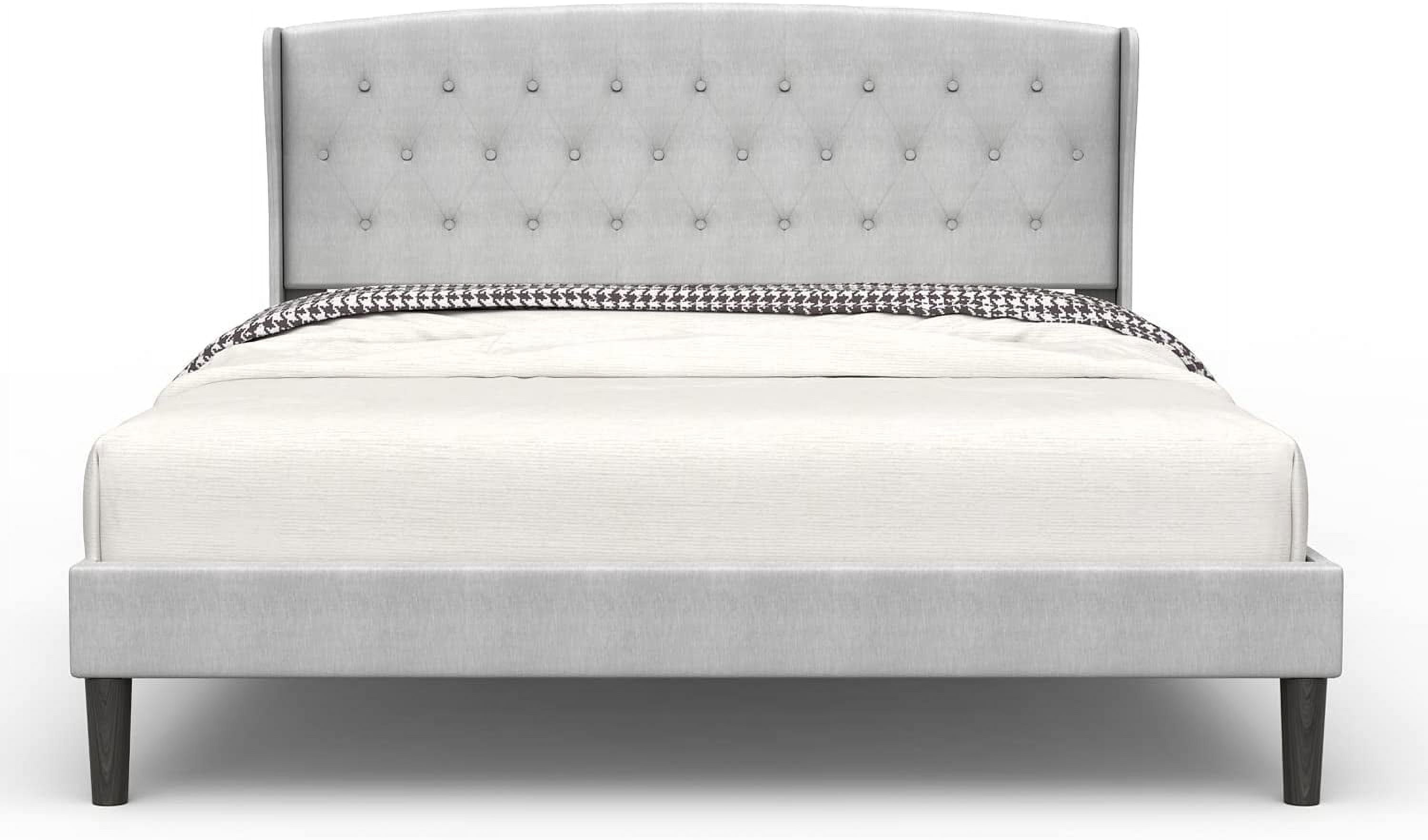 Bonsoir FULL Size Upholstered Traditional Low Profile Platform Bed Frame with Tufted Wing Back Headboard/No Box Spring Needed/No Bed Skirt Needed/ Linen Fabric Upholstery/Light Grey