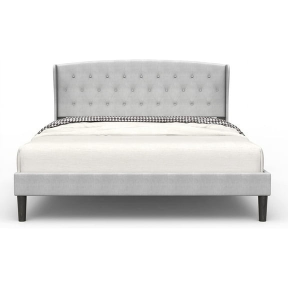 Bonsoir FULL Size Upholstered Traditional Low Profile Platform Bed Frame with Tufted Wing Back Headboard/No Box Spring Needed/No Bed Skirt Needed/ Linen Fabric Upholstery/Light Grey