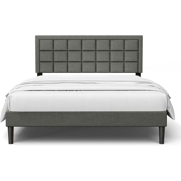 Bonsoir Queen Size Upholstered Low Profile Modern Platform Bed Frame with Tufted Headboard/No Box Spring Needed/No Bed Skirt Needed/Linen Fabric Upholstery/Charcoal Grey