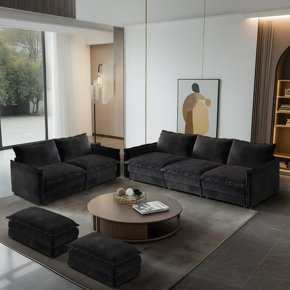 Bonuoke Modular Sectional Sofa Set, 5-Seat Corduroy Sectional Couch for Living Room with Reversible Ottoman, 109" 3-Seat Sofa + 75" Loveseat, Black