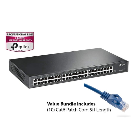 Bonus Bundle with Cat6 5ft Patch Cords and TP-Link 48-Port Gigabit Ethernet Unmanaged Switch | Plug and Play | Metal | Rackmount | Fanless | Limited Lifetime (TL-SG1048)