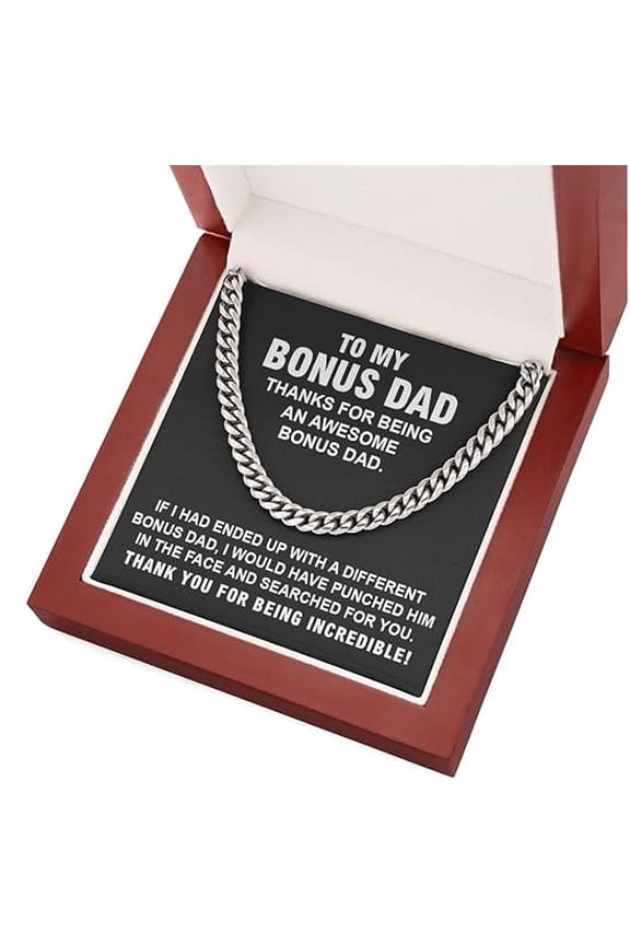 To My Bonus Dad Cuban Chain Form Step Daughter And Son, Gift For Stepfather's Birthday, Father’s Day Necklace Jewelry For Bonus Dad From Bonus Daughter, Necklace For Step Dad with LED Box