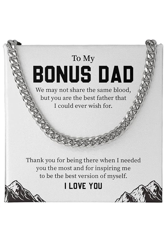 To My Bonus Dad Cuban Necklace Gift, Bonus Dad Gift From Daughter And Son, Gift For Stepfather's Birthday, Christmas, Anniversary Jewelry Cuban Link Chain For Him with Message Card and Gift Box