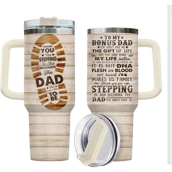 Bonus Dad Father Day Gifts, Stepdad Tumbler with Handle Straw 40 oz Stainless Steel, Bonus Dad Mug, Step Father Birthday Gifts from Step Kids