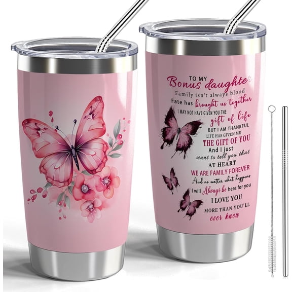 Bonus Daughter Gift Step Daughter Insulated Tumblers from Stepmom Unbiological Daughter Gifts to My Bonus Daughter 20oz Stainless Steel Tumbler with Lid and Straw (Pink Butterfly-Bonus Daughter)
