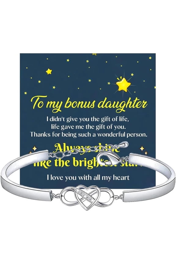 To My Bonus Daughter Infinity Love Heart Adjustable Stainless Steel Bracelet With Cards - Perfect Daughter In Law Gifts, Charm Bracelet From Dad Or Mom
