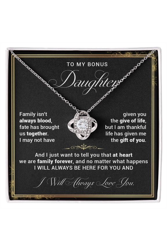 To My Bonus Daughter Necklace, Stepdaughter Necklace From Stepfather Stepmother, Bonus Daughter Birthday From Stepdad Stepmom, Stepdaughter With Message Card And Box #789, Gold Love Knot Necklace