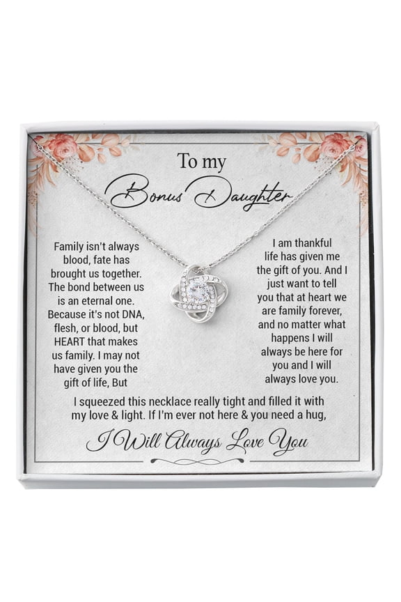 To My Bonus Daughter From Stepdad Step Daughter Necklace, A Meaningful Necklace Perfect For Anniversaries Birthdays Valentine V2479, White Love Knot Necklace