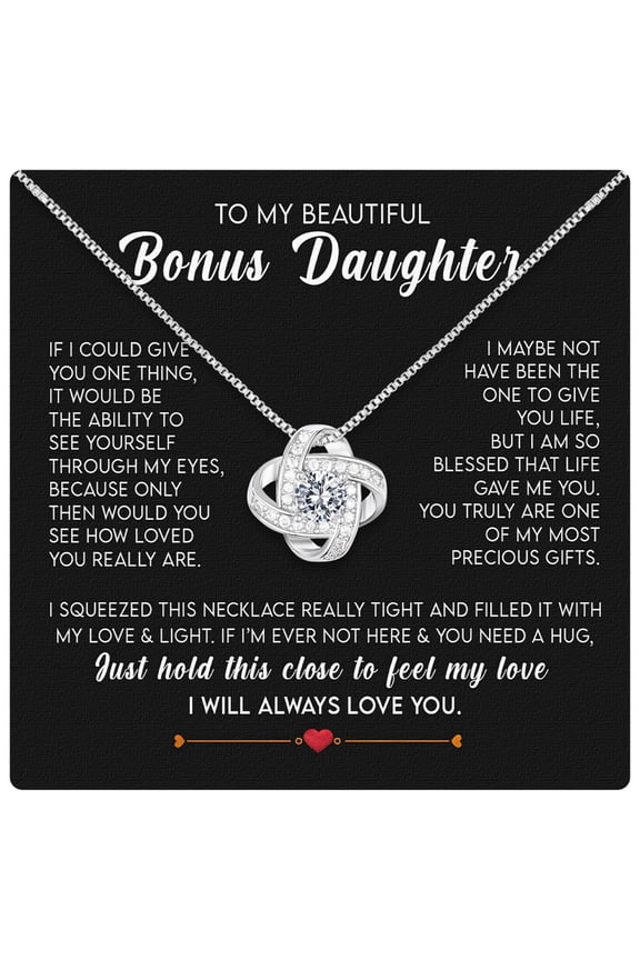 Bonus Daughter From Stepdad Stepmom With Heartfelt Message & Elegant Box - Jewelry Stepdaughter, To My Bonus Daughter Necklace On Birthday Graduation Wedding & More #1290, White Love Knot Necklace