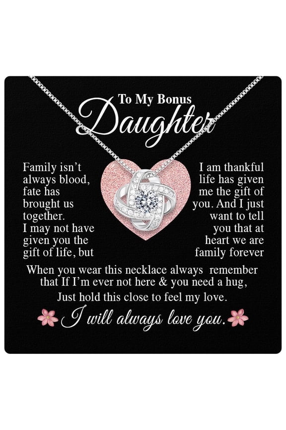 Bonus Daughter From Stepdad Stepmom With Heartfelt Message & Elegant Box - Jewelry Stepdaughter, To My Bonus Daughter Necklace On Birthday Graduation Wedding & More #1291, White Love Knot Necklace