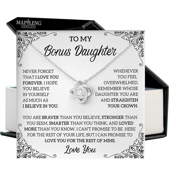 Bonus Daughter From Stepdad Or Stepmom With Heartfelt Message & Elegant Box - Valentines Day Stepdaughter, To My Bonus Daughter Necklace On Birthday, Graduation & More #573, Gold Love Knot Necklace