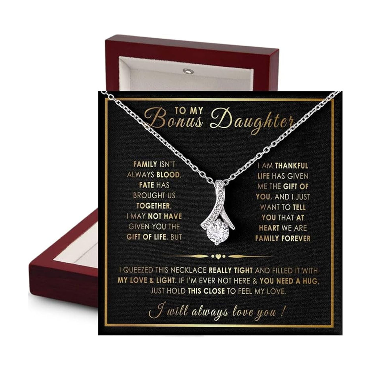 Bonus Daughter From Stepfamily, Father Stepdaughter Necklace, To My Bonus Daughter Necklaces With Led Jewelry Box & Message Card #22, White Alluring Necklace