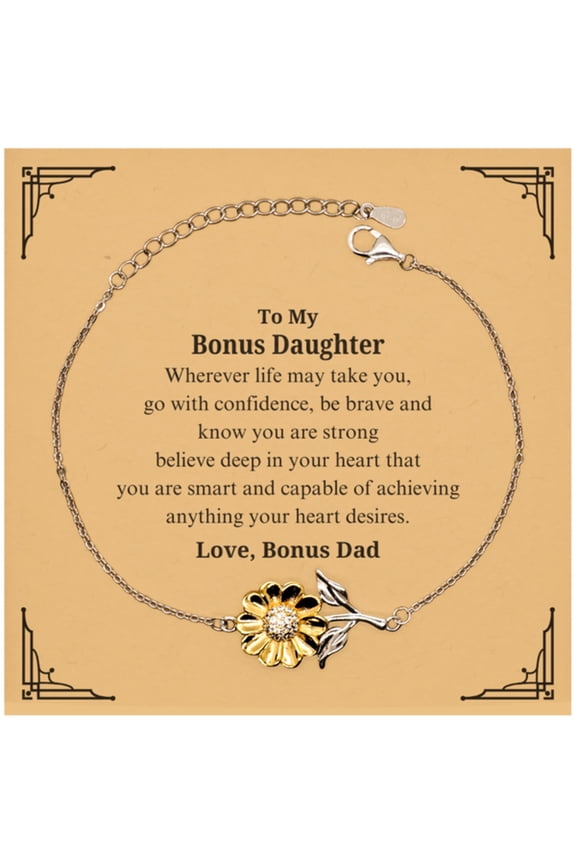 To My Bonus Daughter Sunflower Bracelet Gift for Her Confidence and Strength, Inspirational Graduation Jewelry for Bonus Daughter, Bonus Dad Love and Support Included