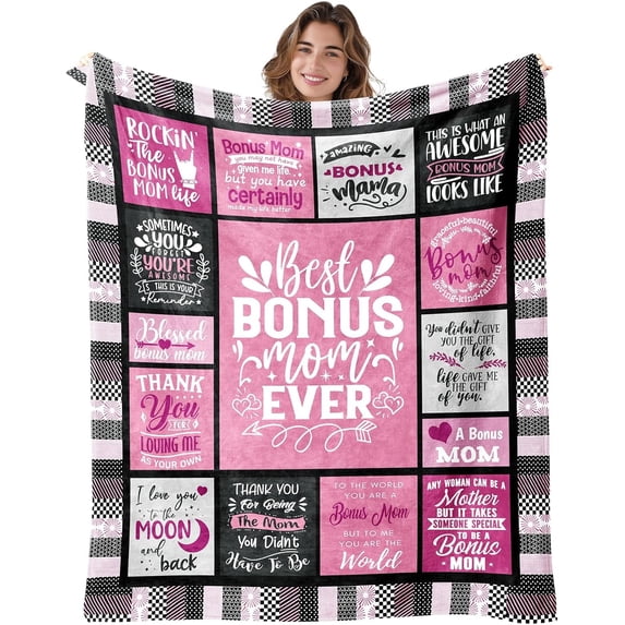 Bonus Mom Blanket Gift for Step Moms for Mothers Day from Daughter Mom in Law Gifts from Son - to My Bonus Mom Pink Blanket for Bed-Birthday for Stepmom 60''''x80''''