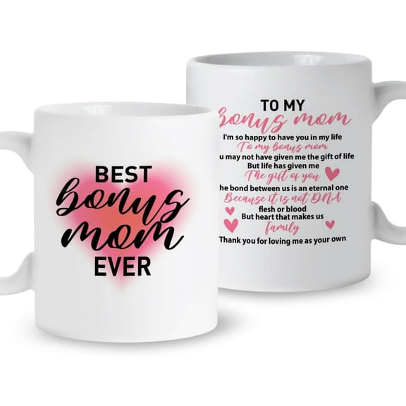 Bonus Mom Coffee Mug Gift, Heart That Makes Us Family, Step Mom Mug Gift from Daughter Son Kids, Christmas Birthday Mother''s Day Gift for Second Mom, Best Bonus Mom Ever Appreciation Gifts, 11oz