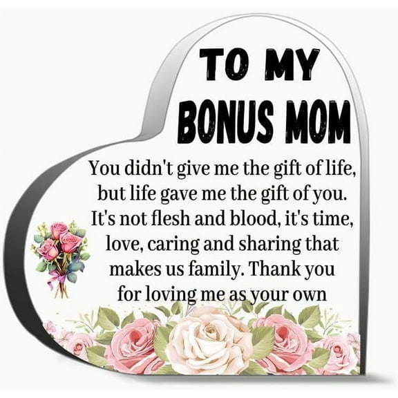 Bonus Mom Gifts From Stepdaughter Stepson Thank You Gifts For Bonus Mom Floral To My Bonus Mom Clear Heart Acrylic Decoration Gift For Couple Parent Women Mom Husband Wife,4x4 inch