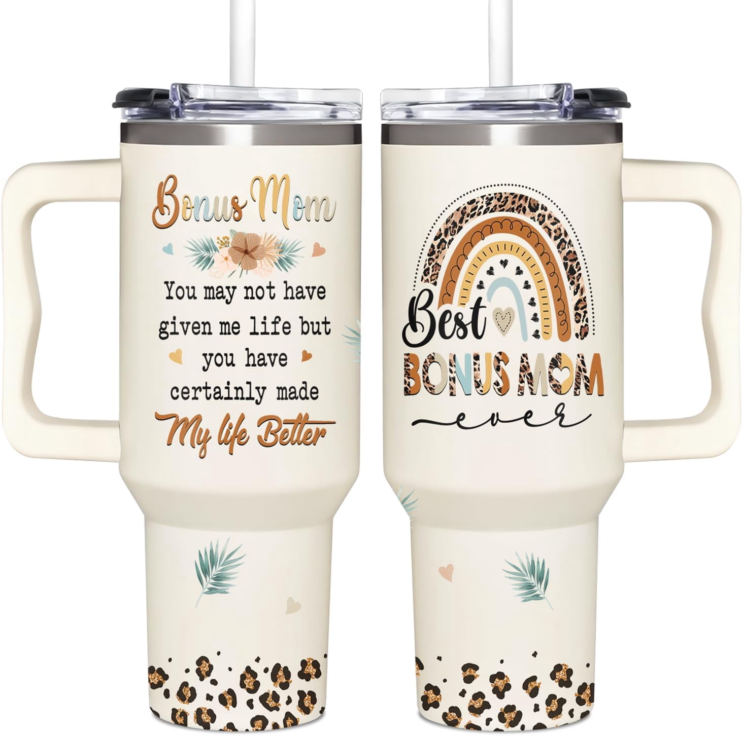 Bonus Mom Gifts - Stepmom Gift - Gifts For Step Mother - Bonus Mom Mothers Day, Christmas, Birthday Gift Ideas - Bonus Mother Cup Tumbler 40 Oz with Handle