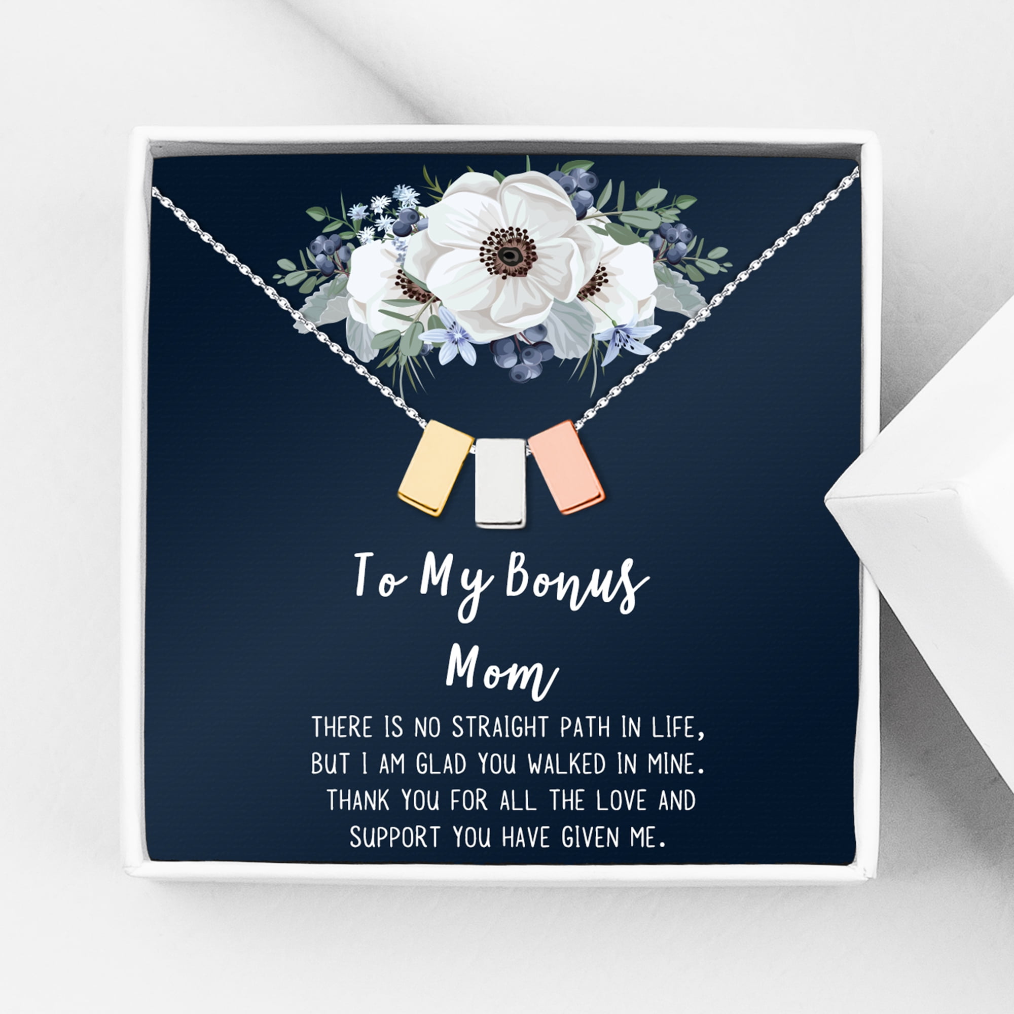 To My Bonus Mom Mother's Day Necklace, Bonus Mom Cube Necklace, Mother's Day Gift for Step Mom, Necklace and Card Gift for Step Mom [Multi-Color Cube, No-Personalized Card]
