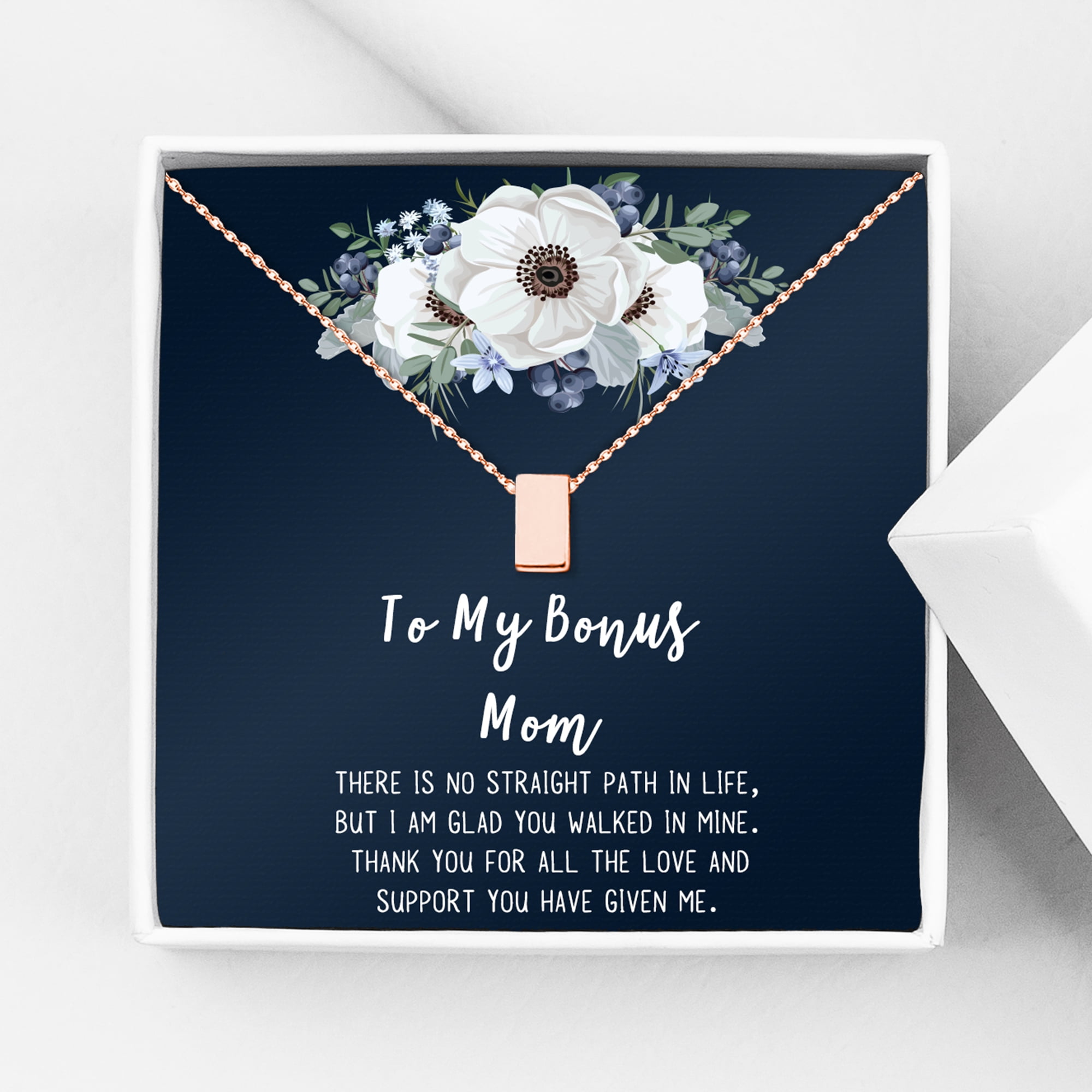 To My Bonus Mom Mother's Day Necklace, Bonus Mom Cube Necklace, Mother's Day Gift for Step Mom, Necklace and Card Gift for Step Mom [Rose Gold, No-Personalized Card]