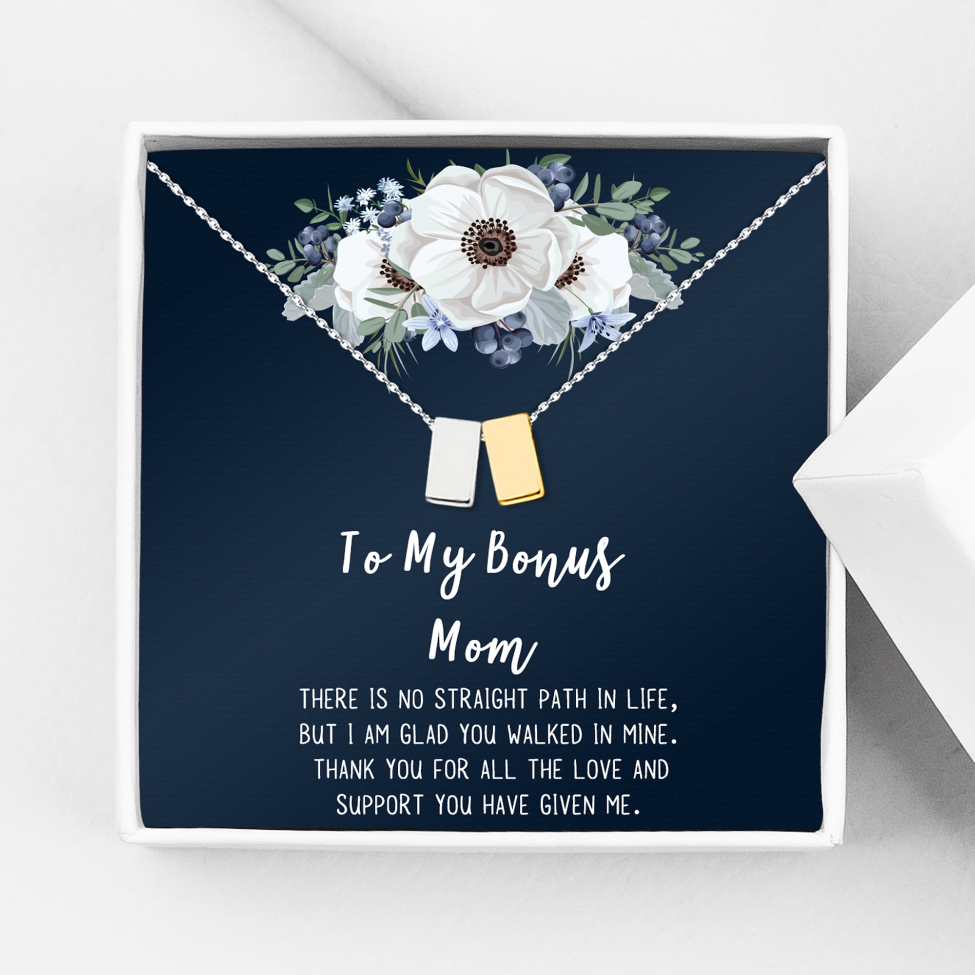 To My Bonus Mom Mother's Day Necklace, Bonus Mom Cube Necklace, Mother's Day Gift for Step Mom, Necklace and Card Gift for Step Mom [Silver-Gold, No-Personalized Card]