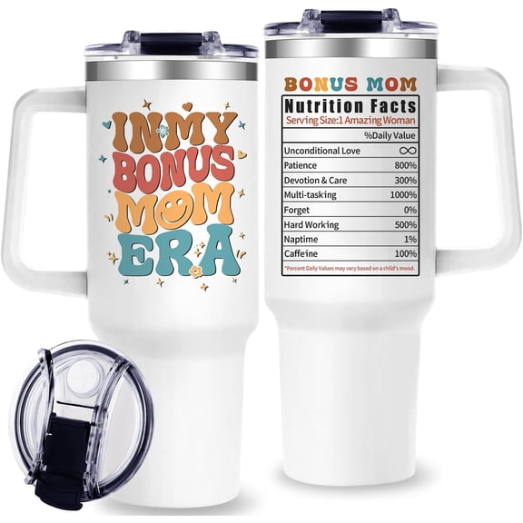 Bonus Mom Tumbler with Handle, Bonus''s Moms Gifts - 40 oz In My Bonus Mom Cups Tumbler with Straw and Lid - Unique Mother In Law Birthday Gifts for Mothers Day Christmas for Step Moms Gift