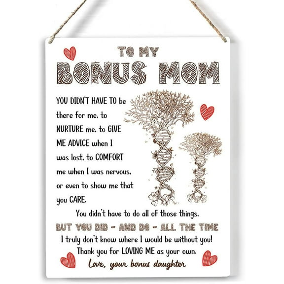 Bonus Mom Wood Sign to My Bonus Mom Thank You for Loving Me Wooden Signs Rustic Hanging Plaque Home Wall Art 8x10, Perfect Mother Sign Wall Decor for Home Bedroom